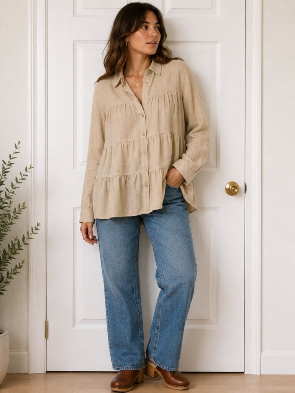 Soyaconcept Linen Viscose Tiered Blouse M Beige Scandinavian Lagenlook ✨